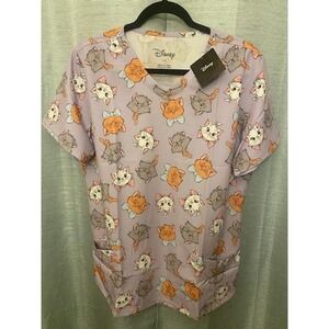 Disney Aristocats Scrub Top Lavender Marie Berlioz Toulouse V-Neck Large NWT